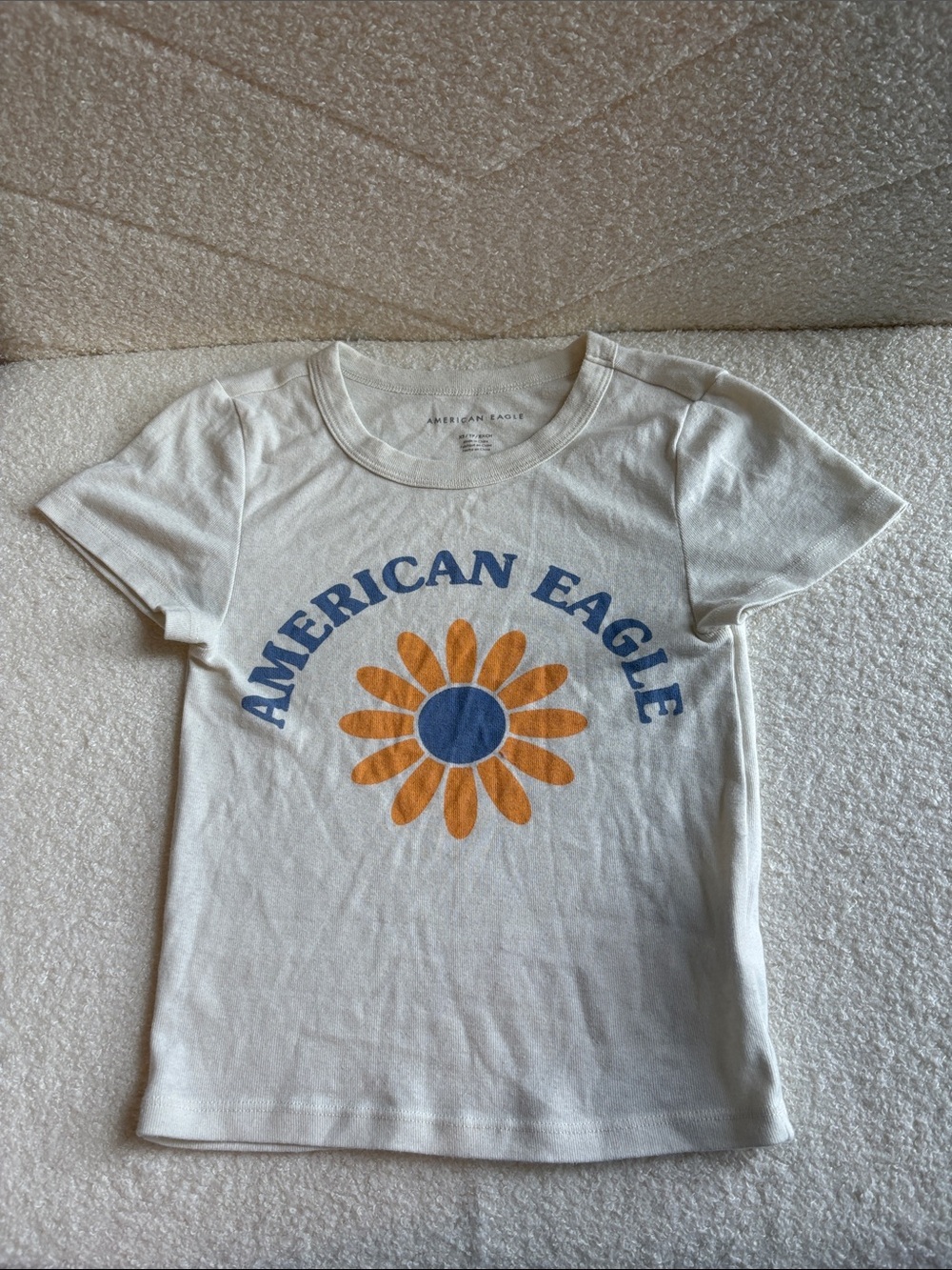 American Eagle Outfitters White Crop Tee with Blue Logo and Orange Daisy